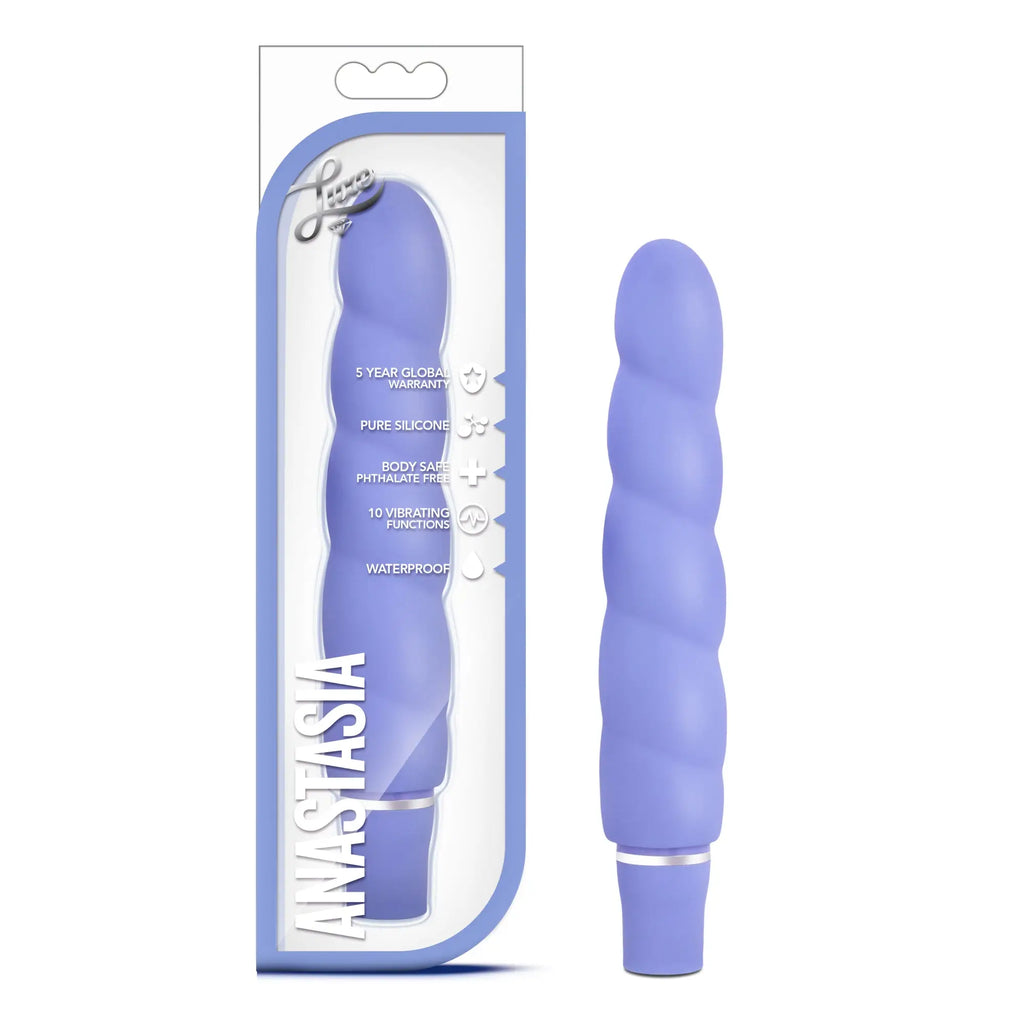 Purple twisted silicone vibrator by anastasia shown from the back in luxe luxe anastasia periwinkle collection