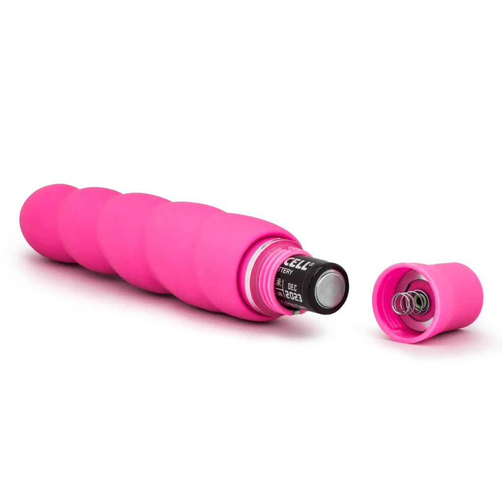 Luxe luxe anastasia pink pink silicone-coated vibrating wand with twisted ergonomic design and exposed battery compartment back view