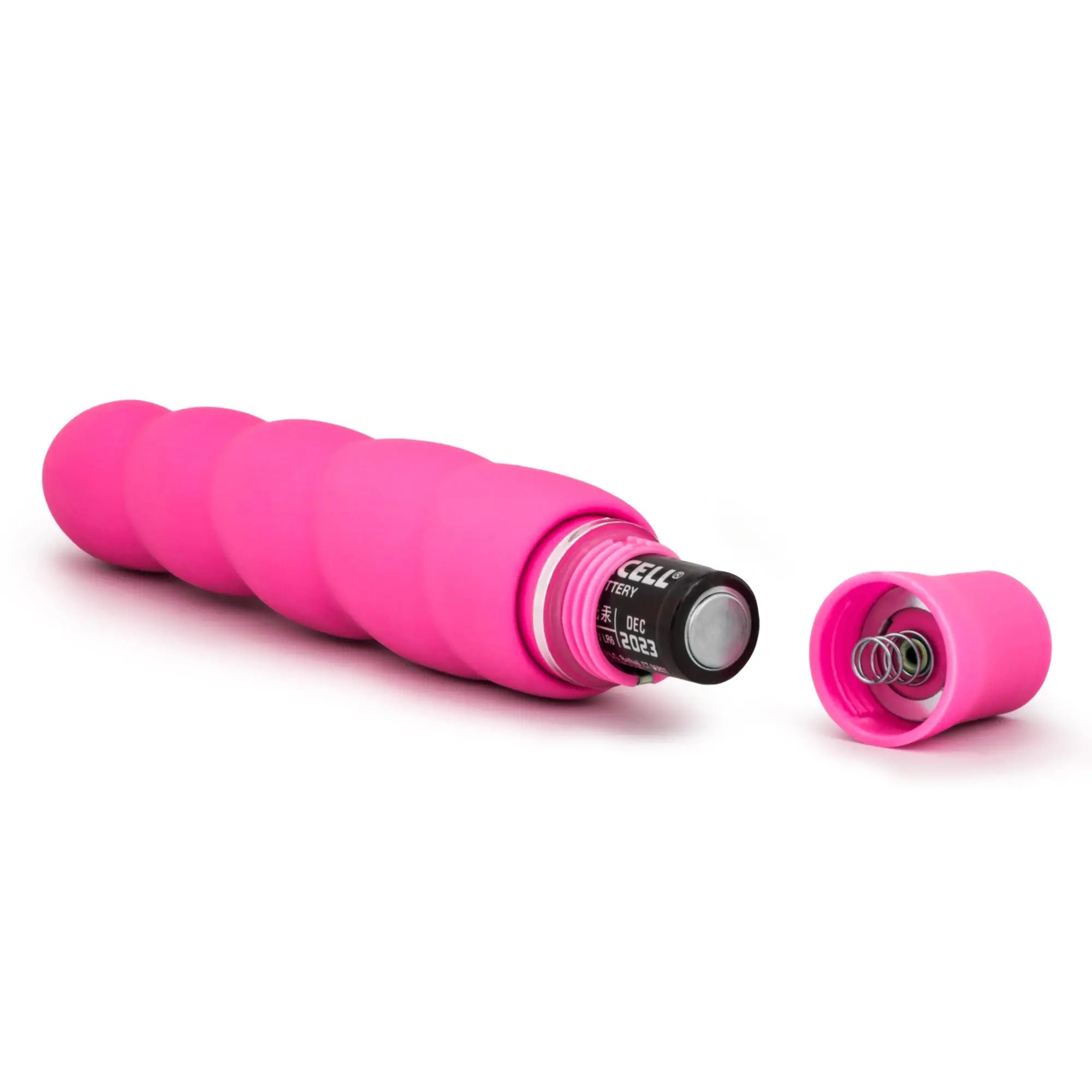 Luxe luxe anastasia pink pink silicone-coated vibrating wand with twisted ergonomic design and exposed battery compartment back view