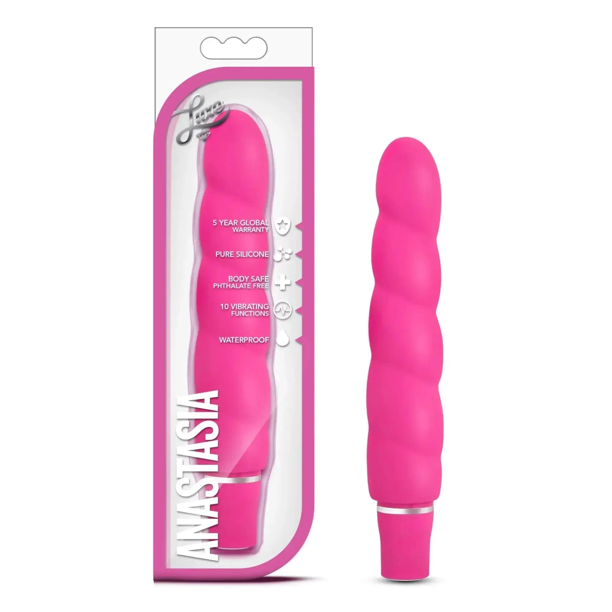 Luxe Luxe Anastasia pink bright pink textured silicone vibrato with a silver band at the base