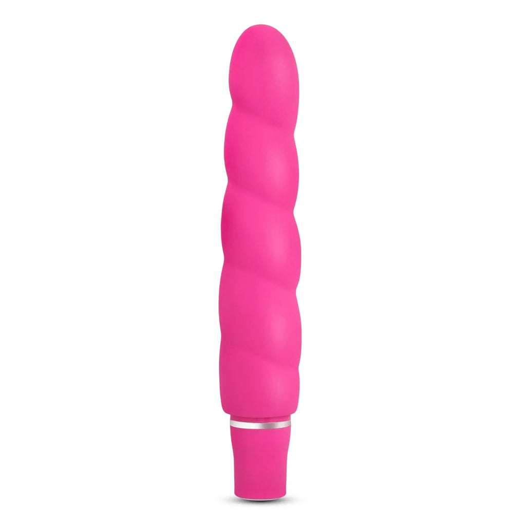 Luxe Luxe Anastasia Pink vibrant pink silicone vibrator with twisted ribbed texture and metallic silver band near the base