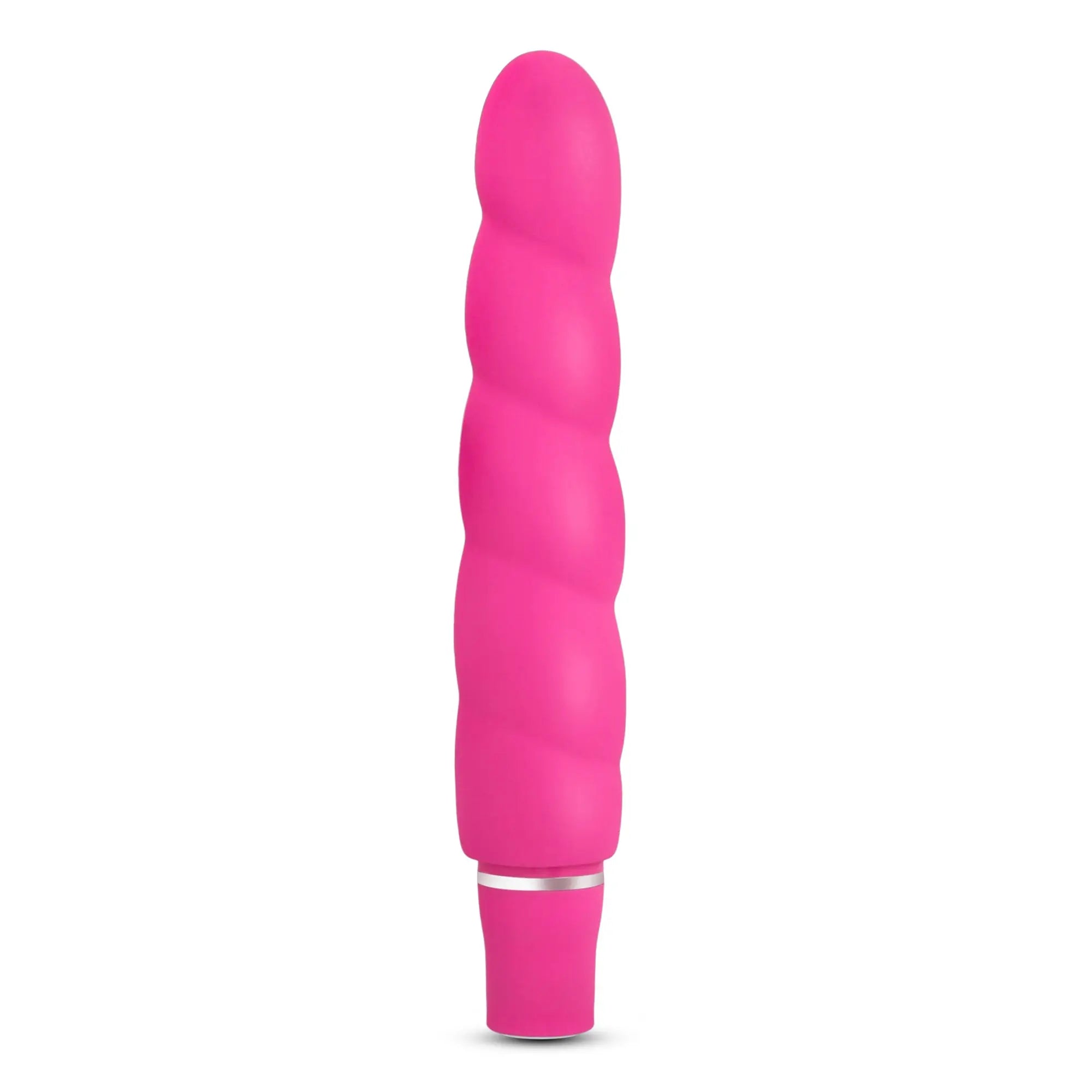 Luxe Luxe Anastasia Pink vibrant pink silicone vibrator with twisted ribbed texture and metallic silver band near the base
