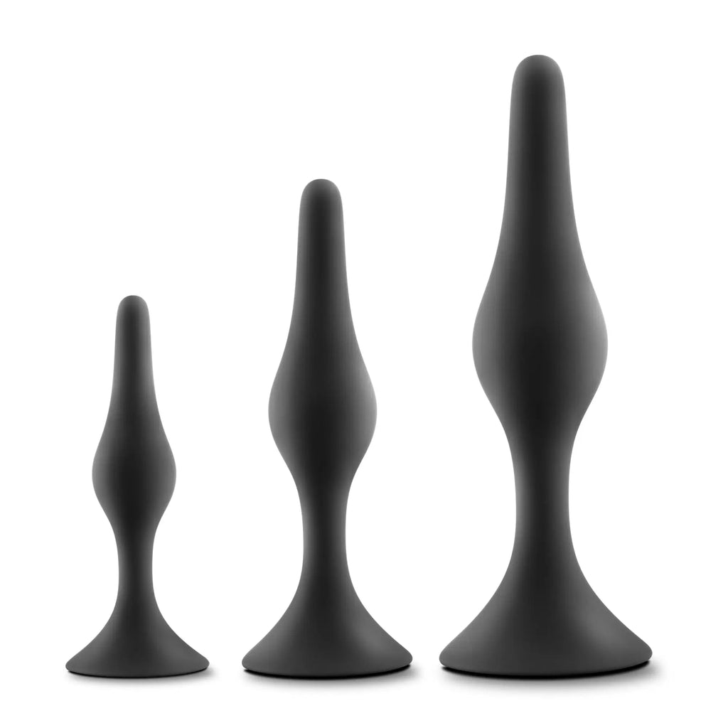 Set of three matte black silicone anal plugs in varying sizes from luxe luxe beginner plug kit black