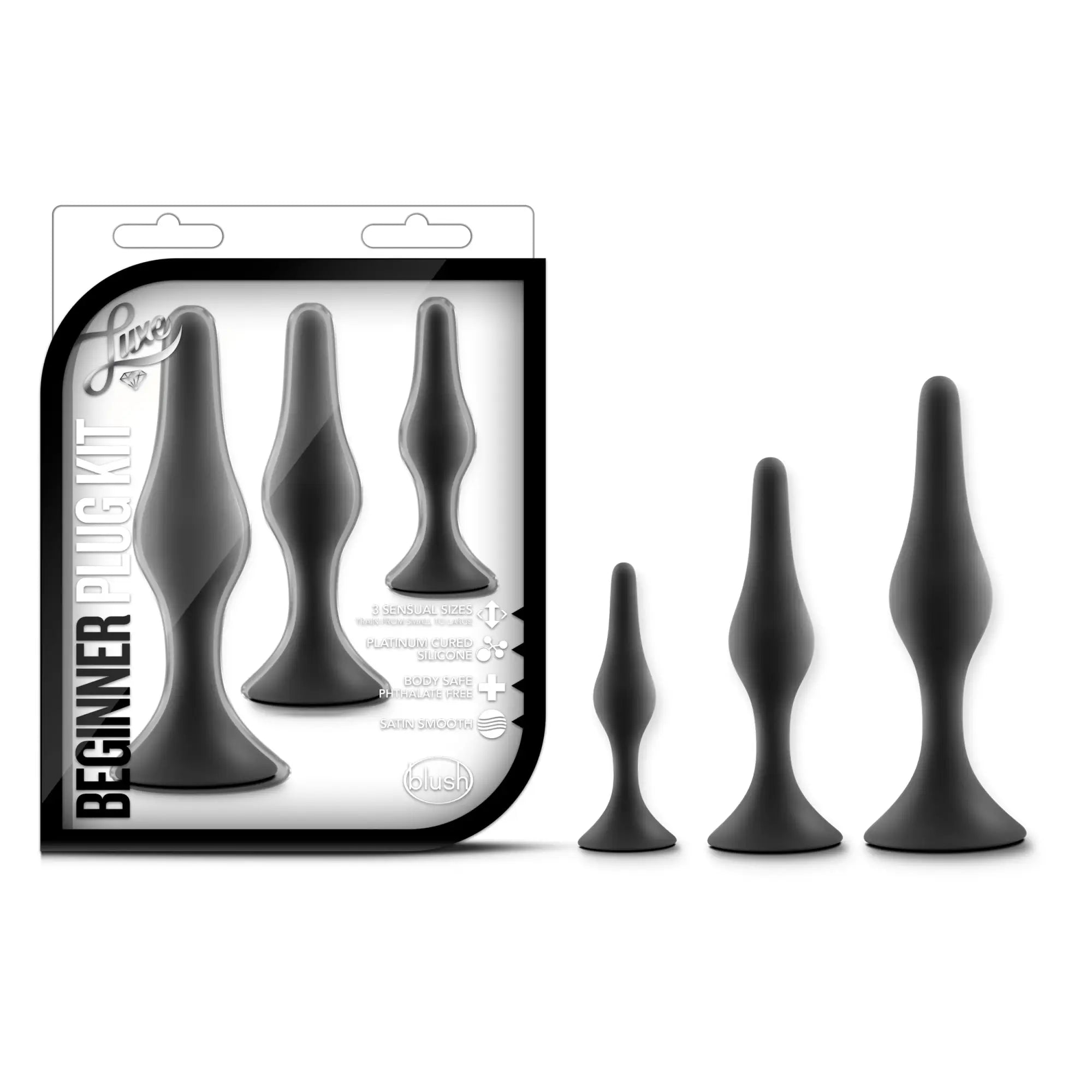 Luxe luxe beginner plug kit black with three silicone plugs in varying sizes featuring sleek ergonomic design