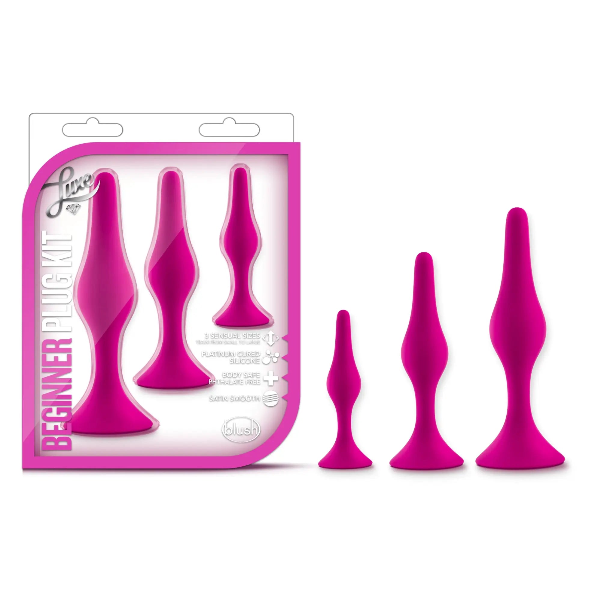 Luxe luxe beginner plug kit pink featuring bright pink sleek silicone anal plugs designed for beginners