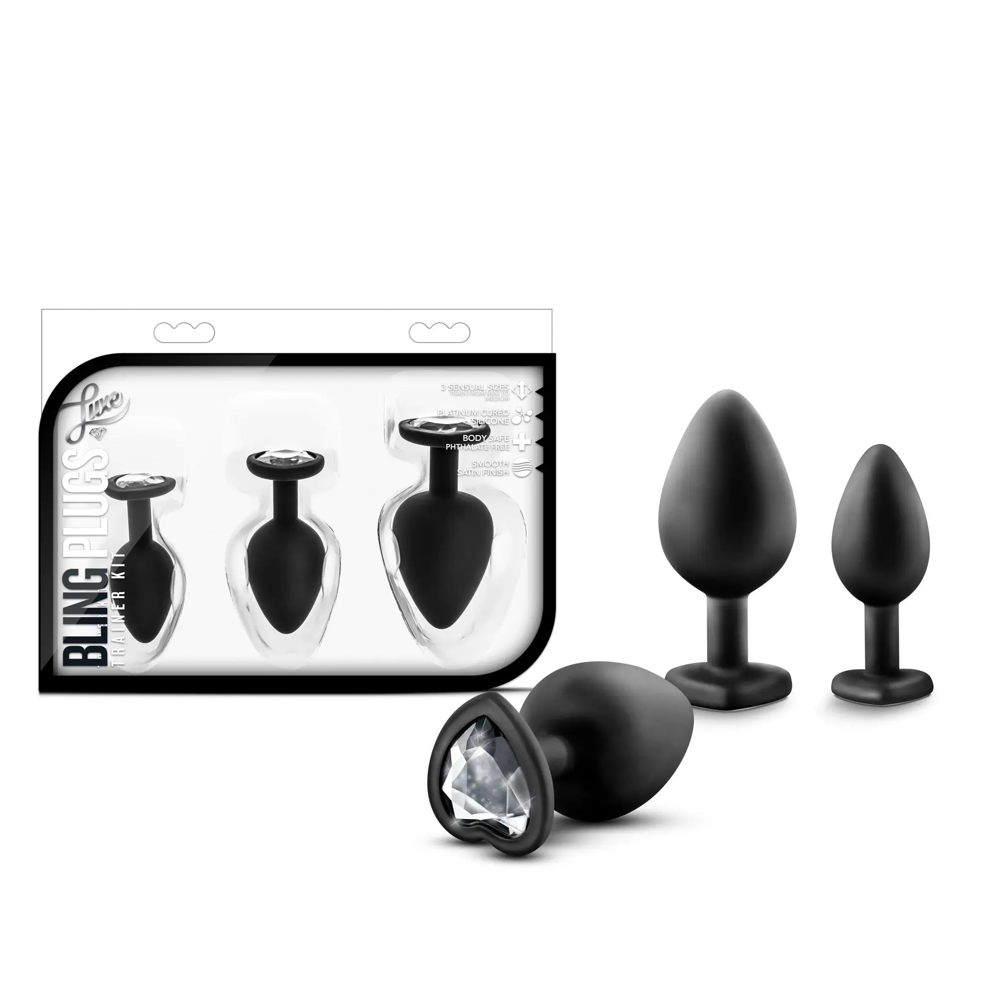 Black silicone anal plugs set with clear crystal gemstone accent luxe luxe bling plugs training kit