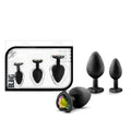 Black silicone anal plugs with rainbow gemstone tops in varying sizes from the luxe luxe bling plugs training kit