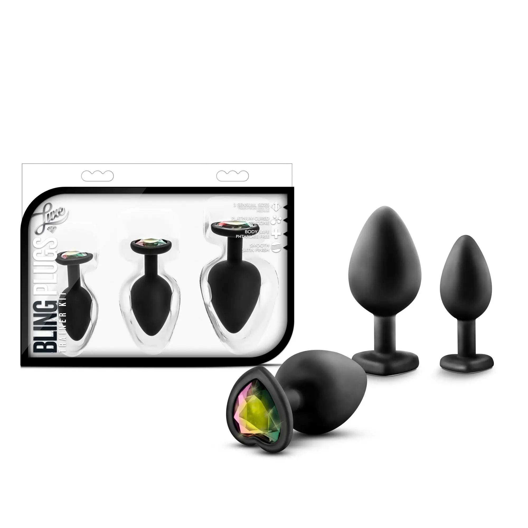Black silicone anal plugs with rainbow gemstone tops in varying sizes from the luxe luxe bling plugs training kit