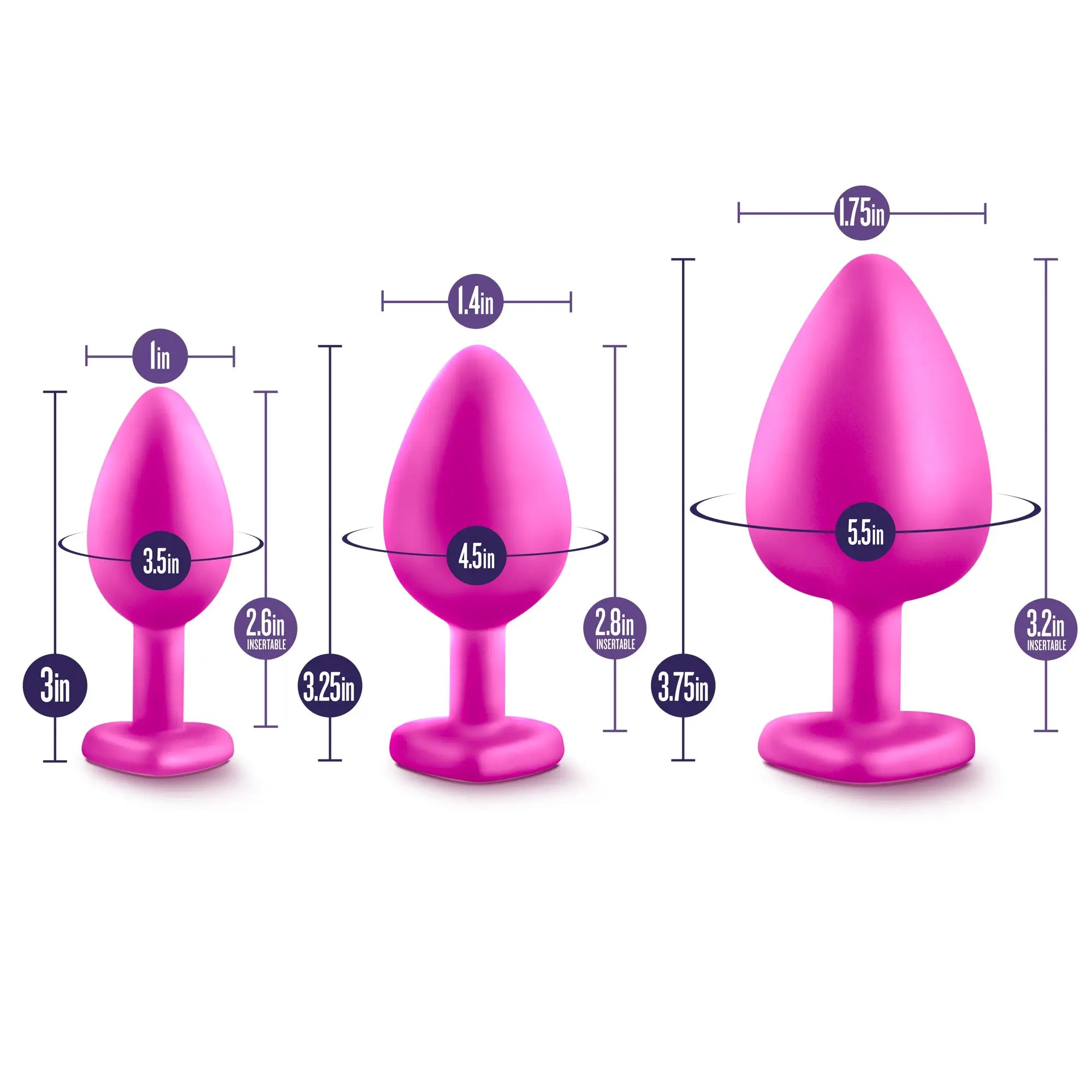 Set of three vibrant pink silicone luxe bling plugs with white gems and rounded teardrop heads and flat bases