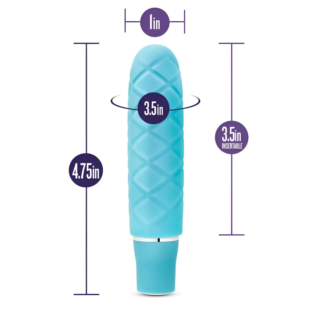Light blue silicone Luxe Luxe Cozi Mini Aqua vibrator with diamond-patterned textured surface and smooth rounded tip