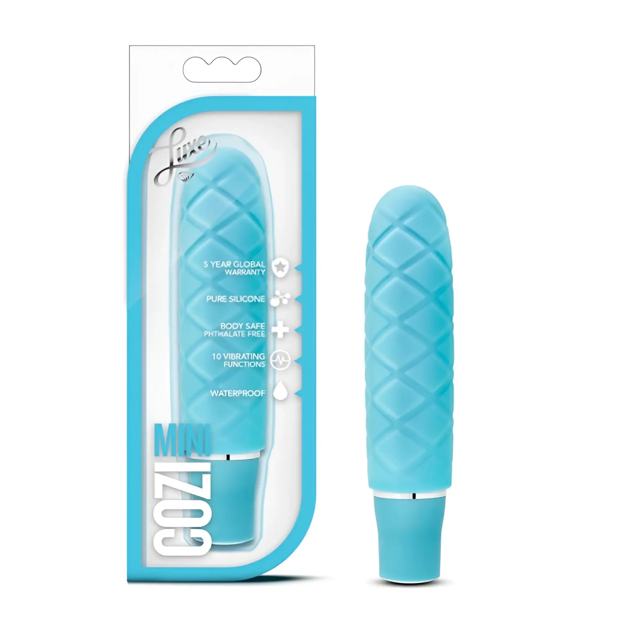 Luxe Luxe Cozi Mini Aqua light blue textured silicone vibrator with sleek design and silver accent band