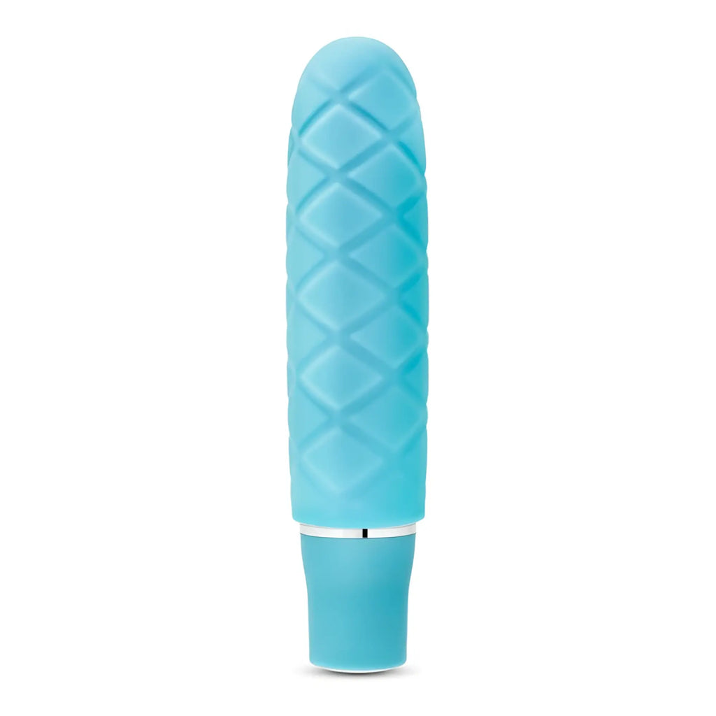 Luxe Luxe Cozi Mini Aqua light blue silicone vibrator with diamond-pattern texture and smooth metallic base band