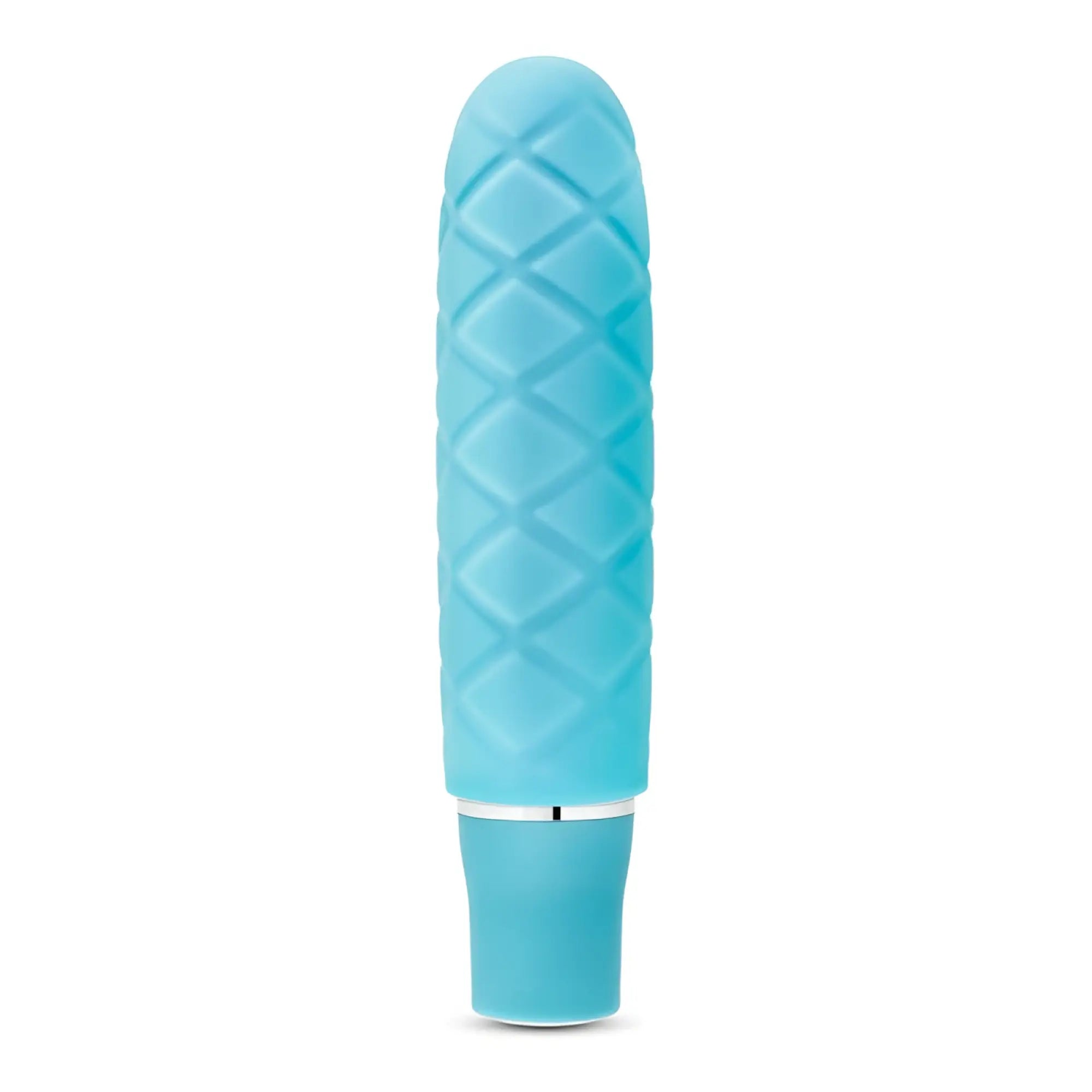 Luxe Luxe Cozi Mini Aqua light blue silicone vibrator with diamond-pattern texture and smooth metallic base band