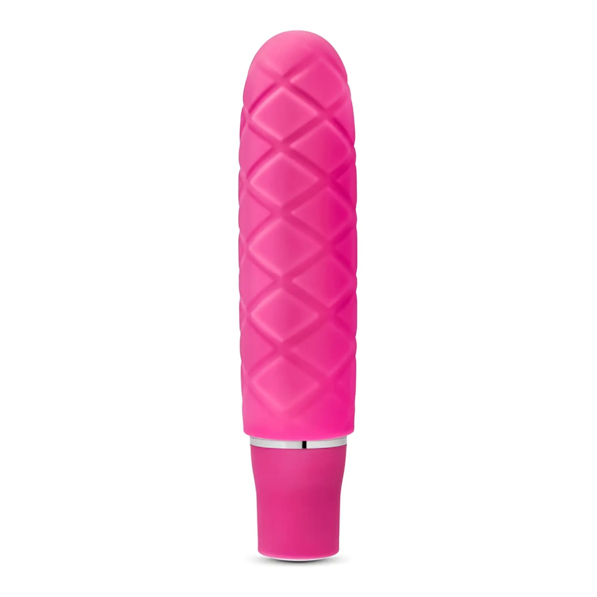 Luxe Luxe Cozi Mini fuchia pink vibratory toy with textured diamond pattern and silver metallic band near the base