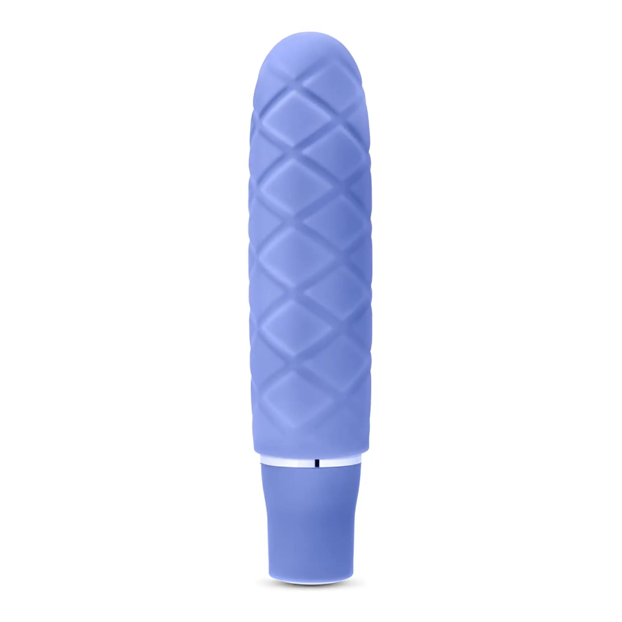 A lavender diamond-patterned silicone vibrator with a sleek metallic band near the base called Luxe Luxe Cozi Mini Periwinkle