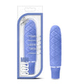 Light blue textured silicone Luxe Luxe Cozi Mini Periwinkle vibrating toy with sleek design and silver accent ring at base