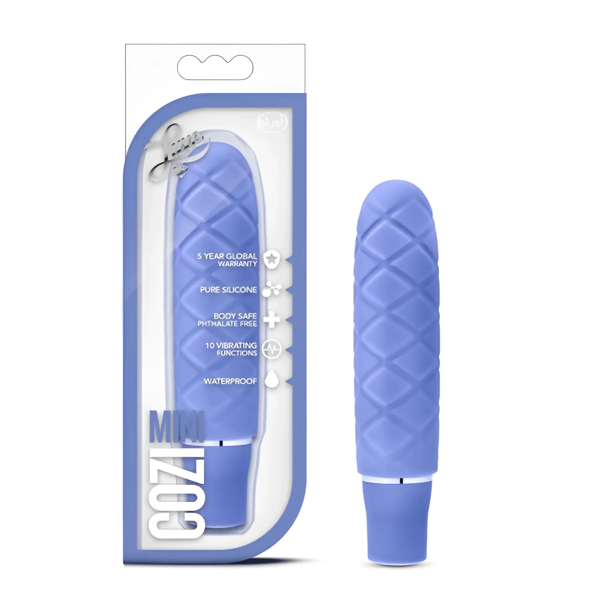 Light blue textured silicone Luxe Luxe Cozi Mini Periwinkle vibrating toy with sleek design and silver accent ring at base