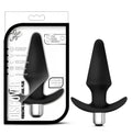 Black silicone vibrating anal plug luxe luxe discover black with silver metallic base and ergonomic handle visible from back side