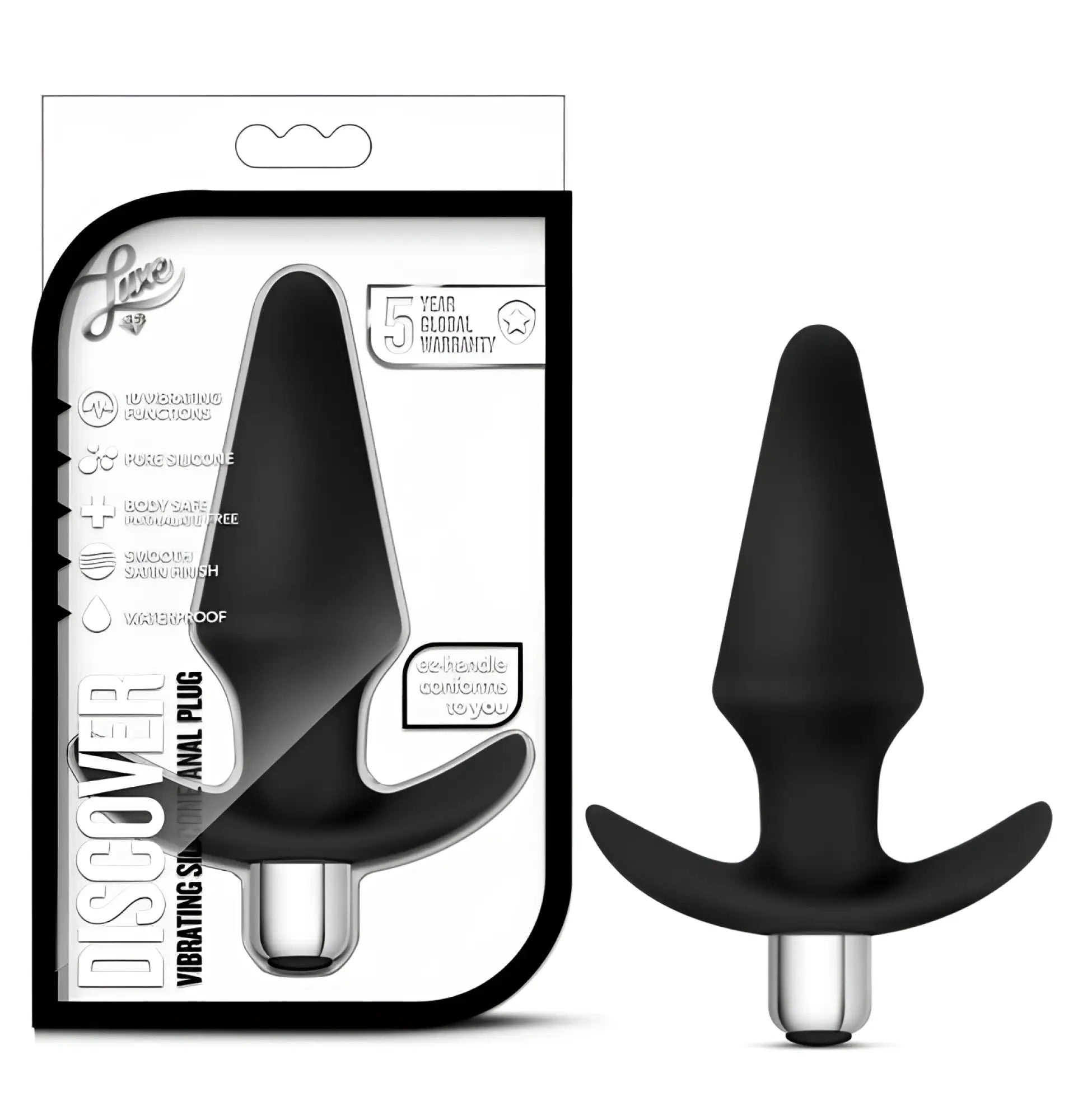 Black silicone vibrating anal plug luxe luxe discover black with silver metallic base and ergonomic handle visible from back side