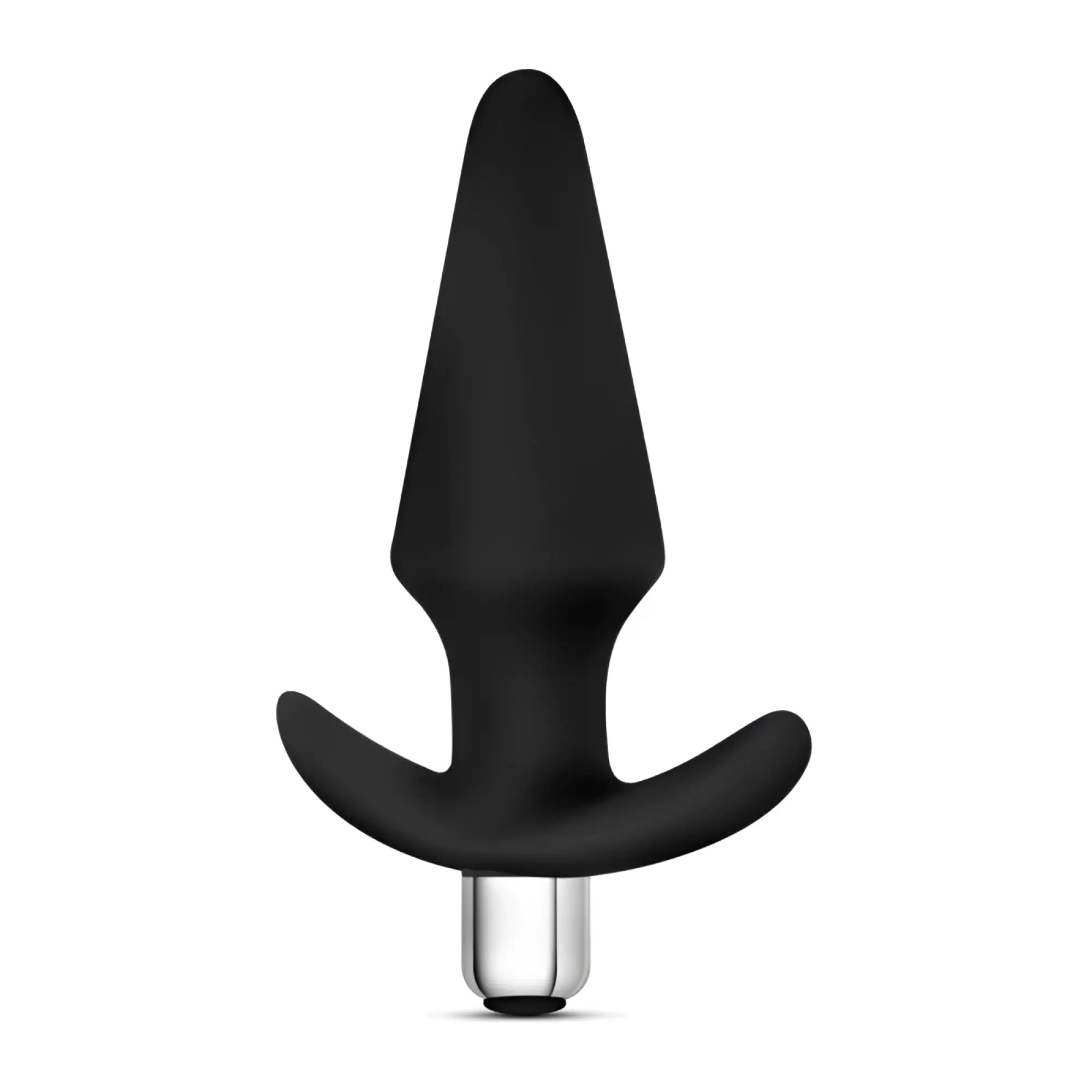Black silicone anal plug with silver metallic base from luxe luxe discover black product line shown from front angle