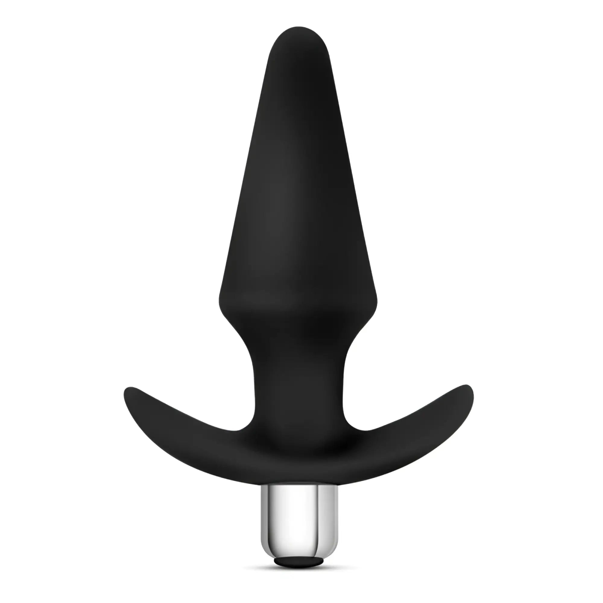 Luxe luxe discover black silicone anal plug with silver metallic base showing front view