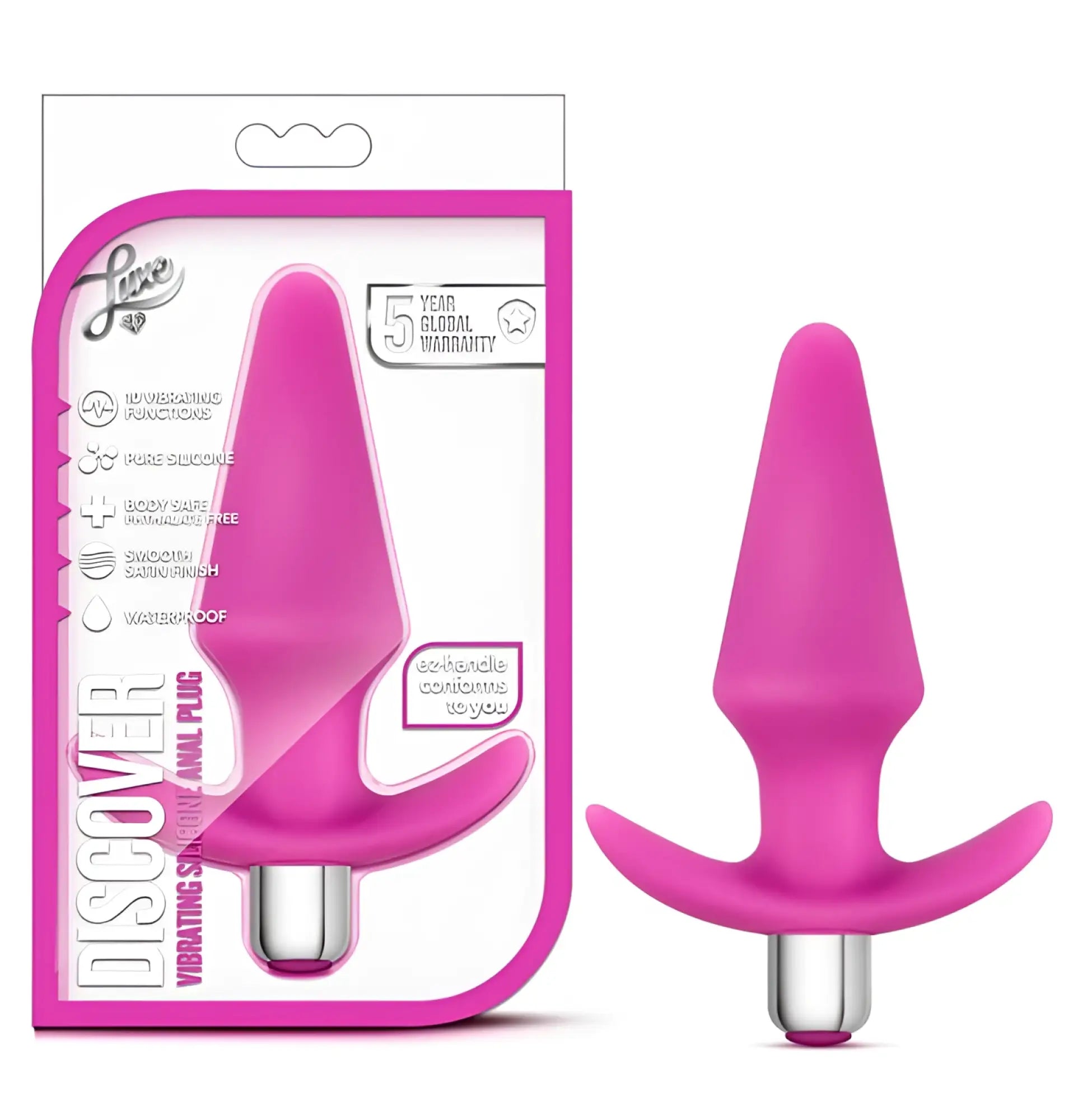 Luxe Discover pink vibrating anal plug with silver metallic base and ergonomic handle for comfortable use