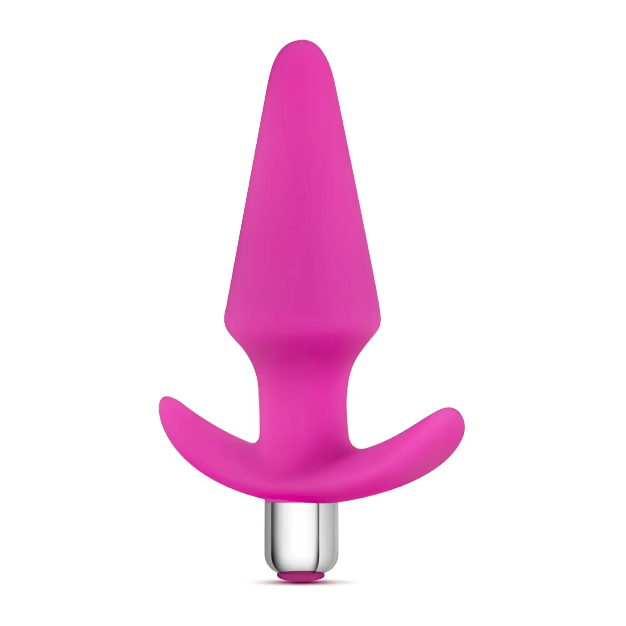 Bright pink silicone butt plug with silver metallic base and curved handle from Luxe Luxe Discover Pink collection