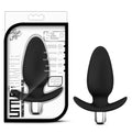 Black silicone vibrating anal plug luxe luxe little thumper with metallic base and curved handle shown from the back