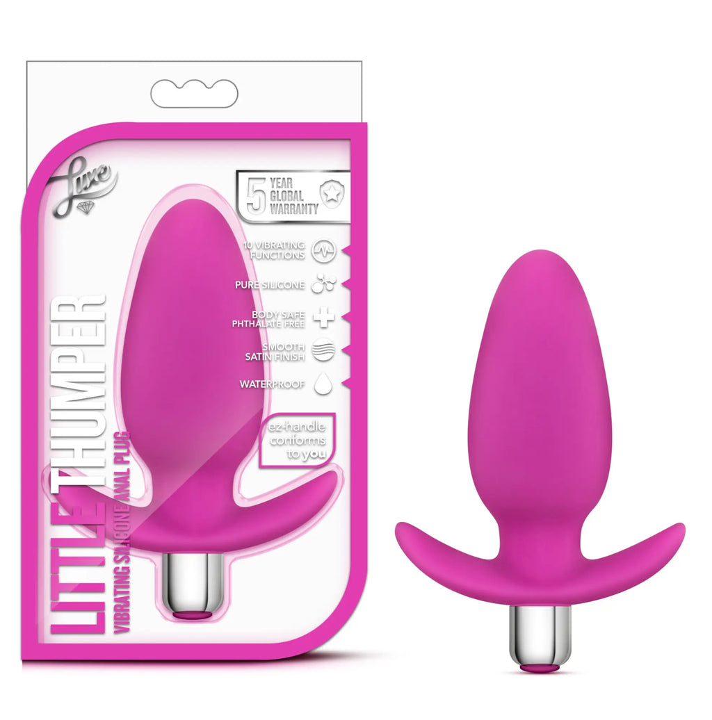 Luxe Luxe Little Thumper pink silicone vibrating anal plug with silver metallic base and ergonomic curved handle