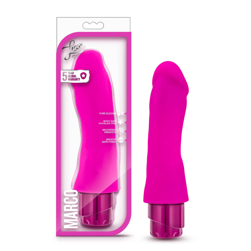 Vibrating toy luxe luxe marco pink in vibrant pink silicone with glossy finish and metallic purple base by lixxo