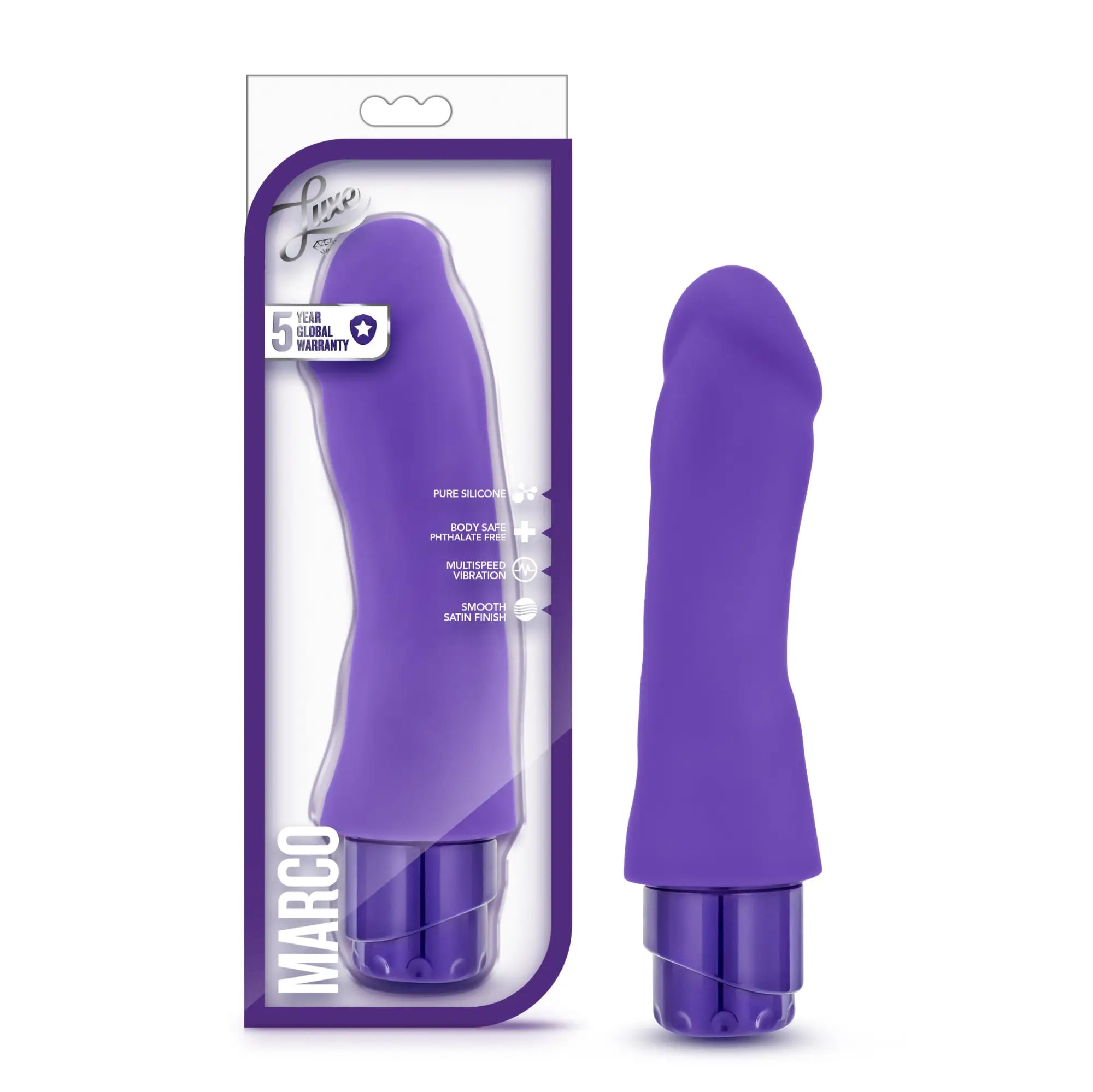 Purple silicone vibrato with smooth satin finish and metallic base branded as marco by live love in luxe luxe marco purple