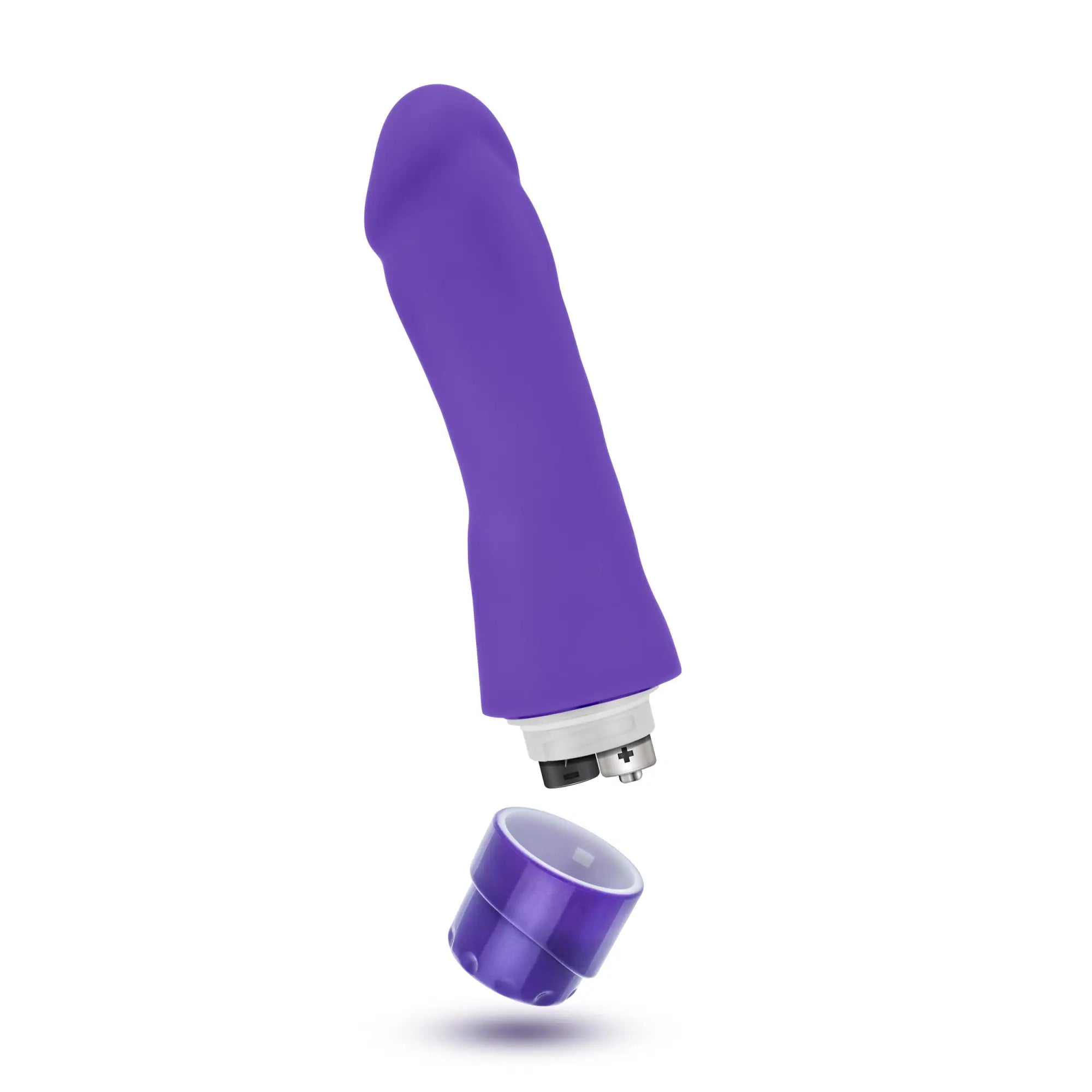 Luxe luxe marco purple silicone vibratory toy with detachable purple cap and silver-colored base shown from the back