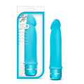 A sleek bright blue luxe purity vibrato toy made of smooth silicone with a metallic silver band at the base