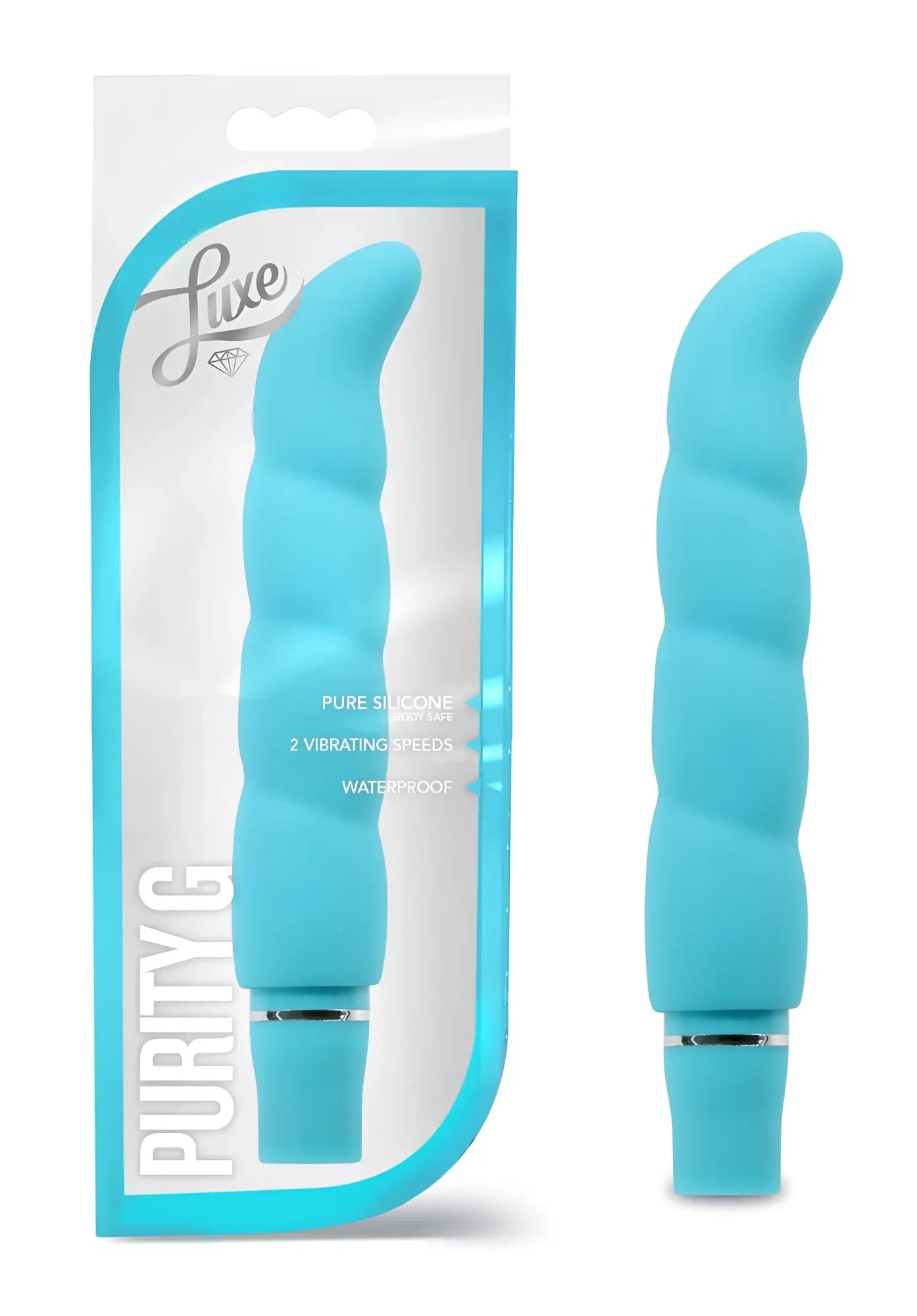 Turquoise blue silicone vibrating toy luxe luxe purity g aqua with twisted ergonomic design and silver metallic base