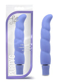 Purple silicone Luxe Luxe Purity G periwinkle vibrating toy with twisted ergonomic design and metallic silver base