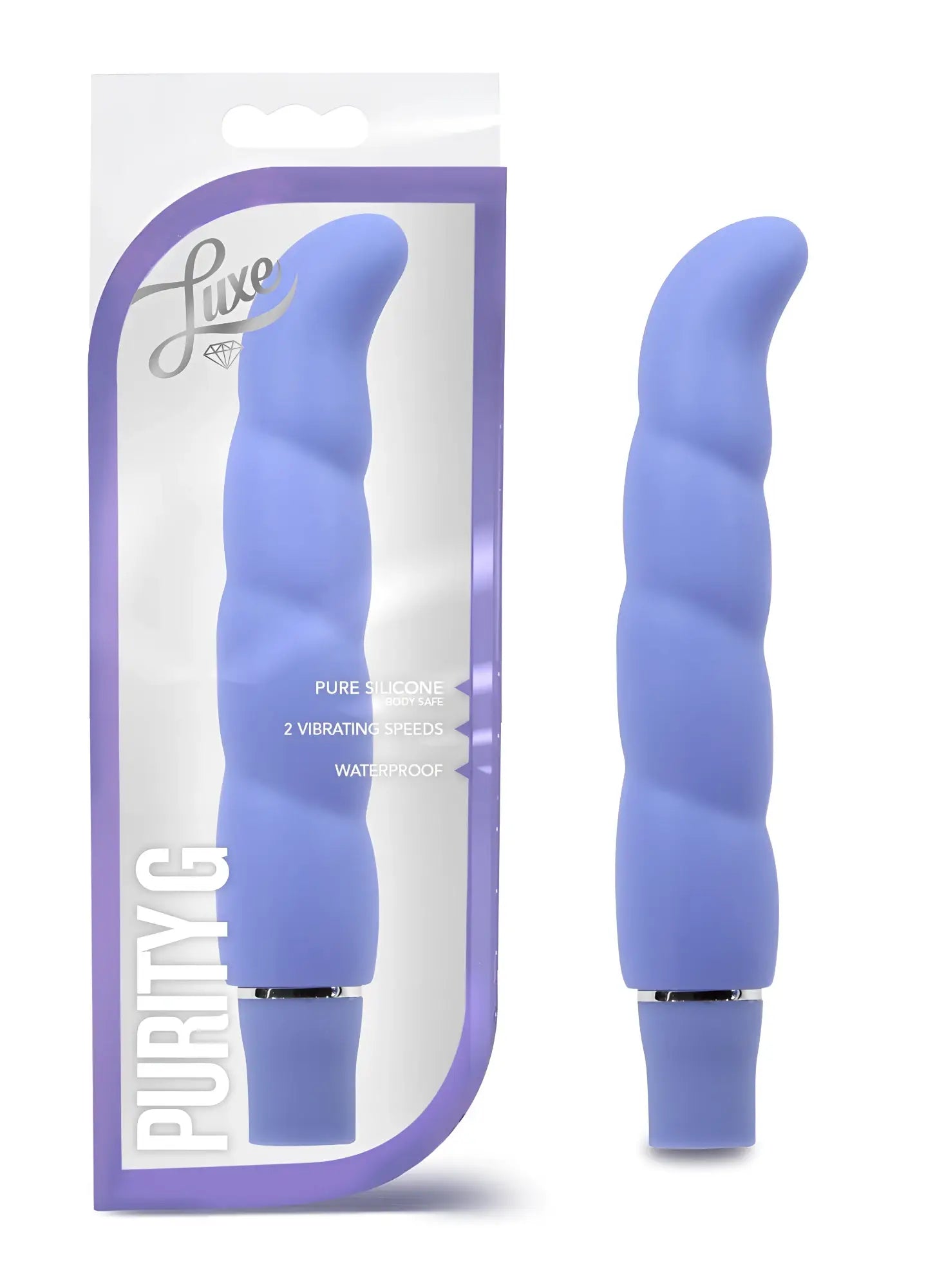 Purple silicone Luxe Luxe Purity G periwinkle vibrating toy with twisted ergonomic design and metallic silver base