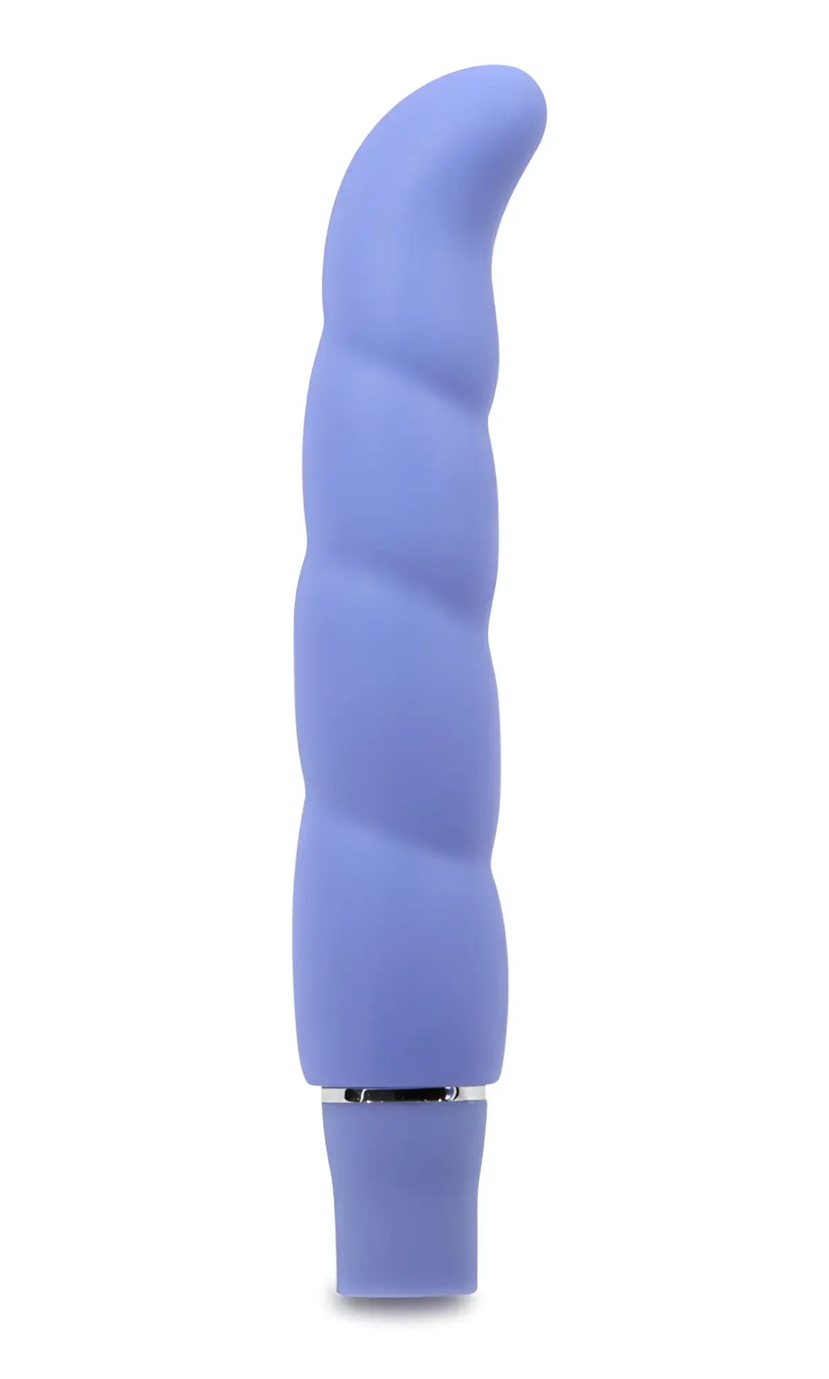 A sleek lavender silicone vibrator with twisted ergonomic design and metallic base accent from Luxe Luxe Purity G Periwinkle