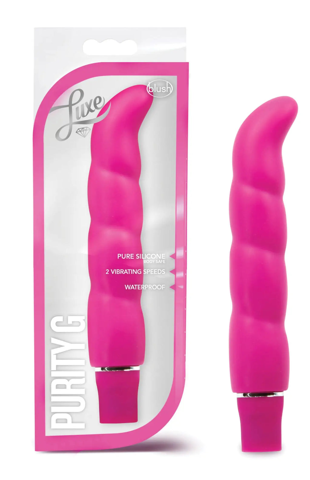 Bright pink ribbed silicone vibrator with metallic base and cap from Luxe Luxe Purity G Pink collection