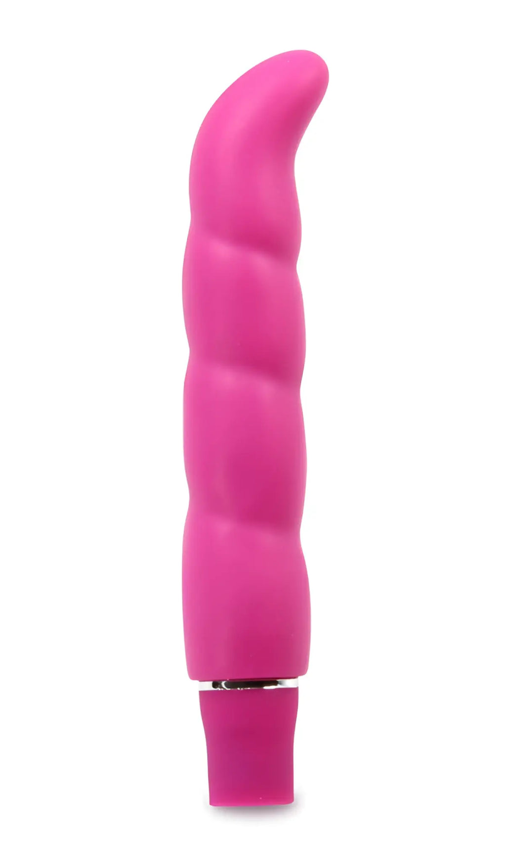 A vibrant pink ribbed silicone vibrator with a sleek metallic accent from Luxe Luxe Purity G Pink collection