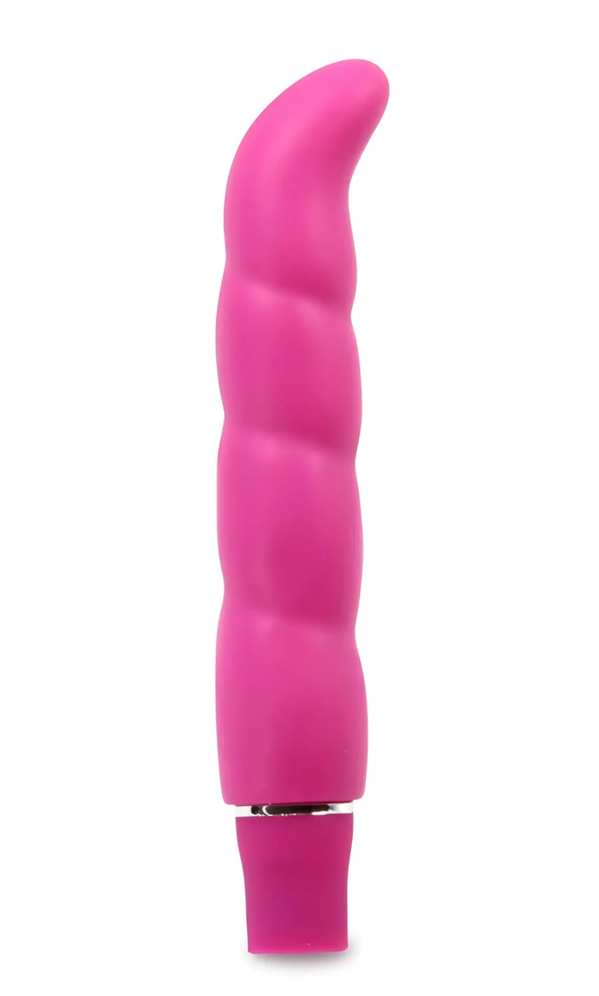 A vibrant pink ribbed silicone vibrator with a sleek metallic accent from Luxe Luxe Purity G Pink collection