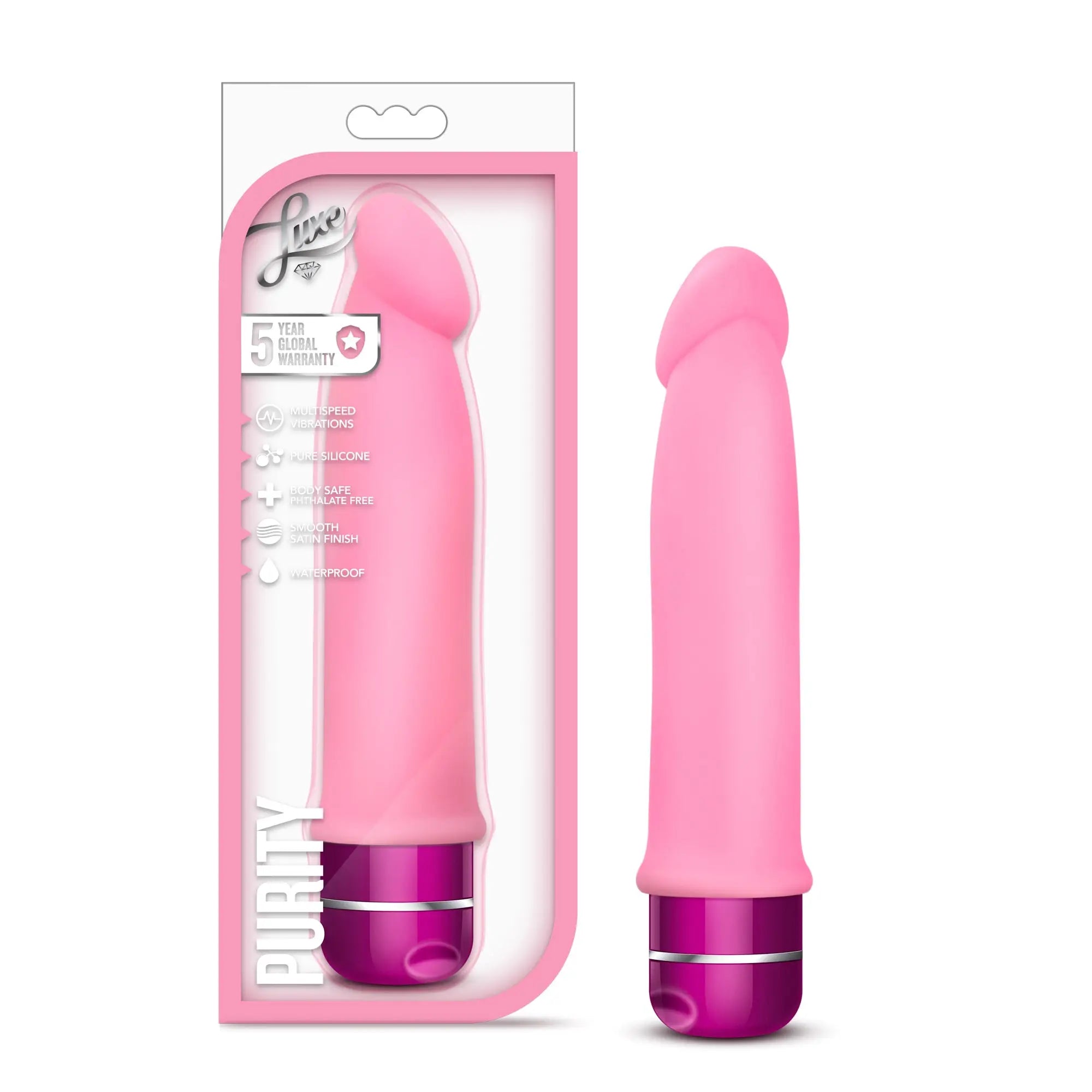 Pink silicone vibrato with a purple metallic base from lux branded purity in the luxe luxe purity pink product line