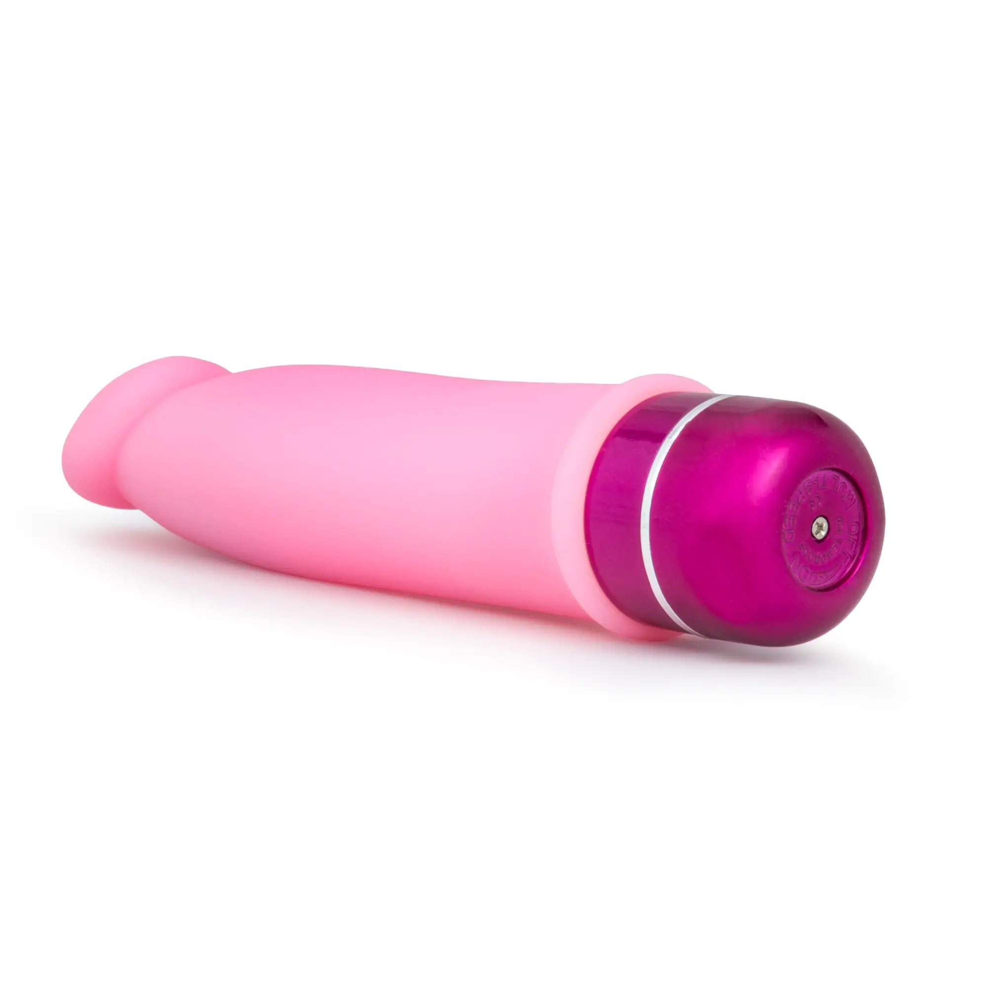 Luxe Luxe Purity pink silicone vibratory toy with magenta metallic cap and silver trim for personal use