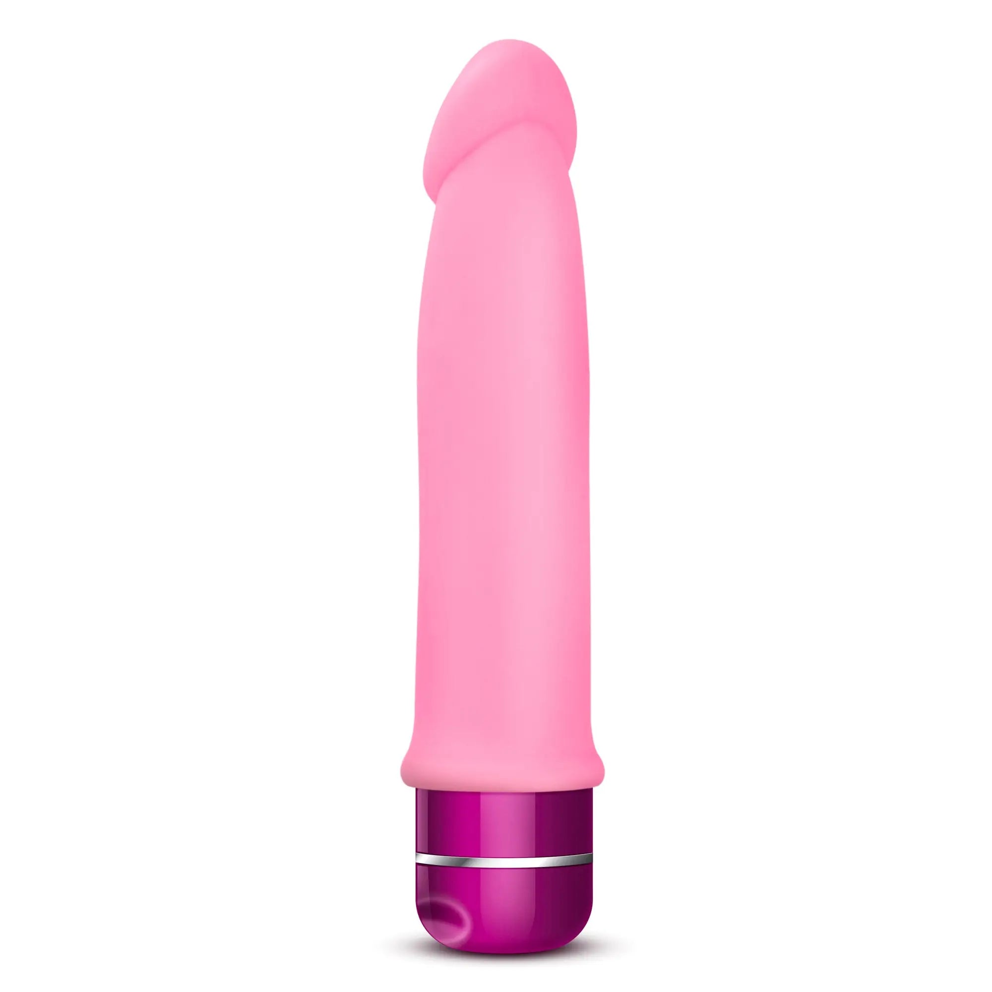 Luxe luxe purity pink vibratory toy made of pink silicone with a purple metallic base for personal pleasure