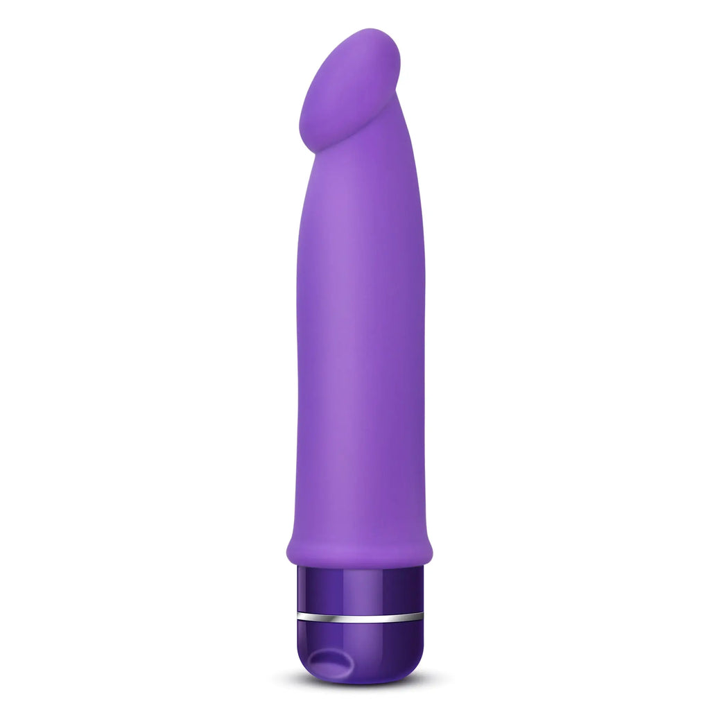 Luxe Luxe Purity Purple silicone vibratory toy with a smooth rounded head and metallic silver band at the base