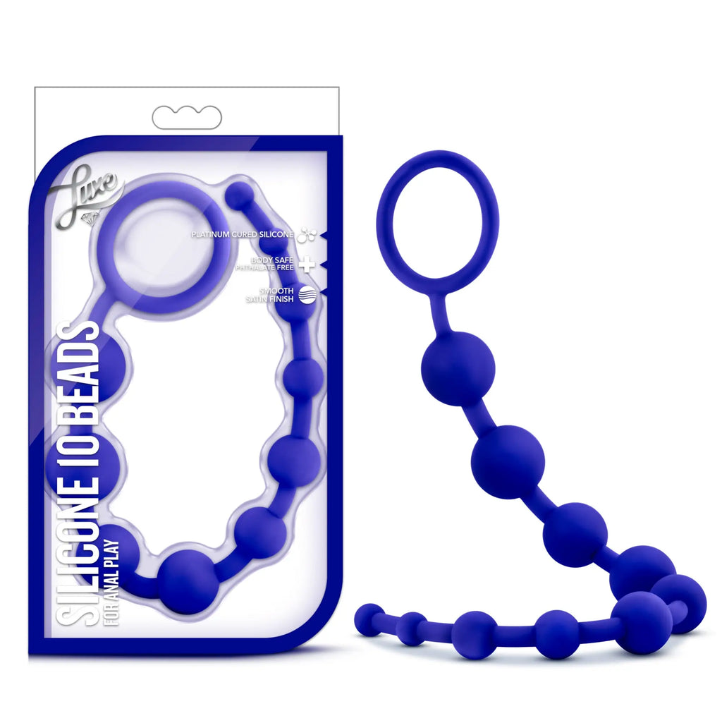 Luxe Luxe silicone 10 beads indigo anal toy with blue smooth rounded silicone beads and a ring handle for easy use