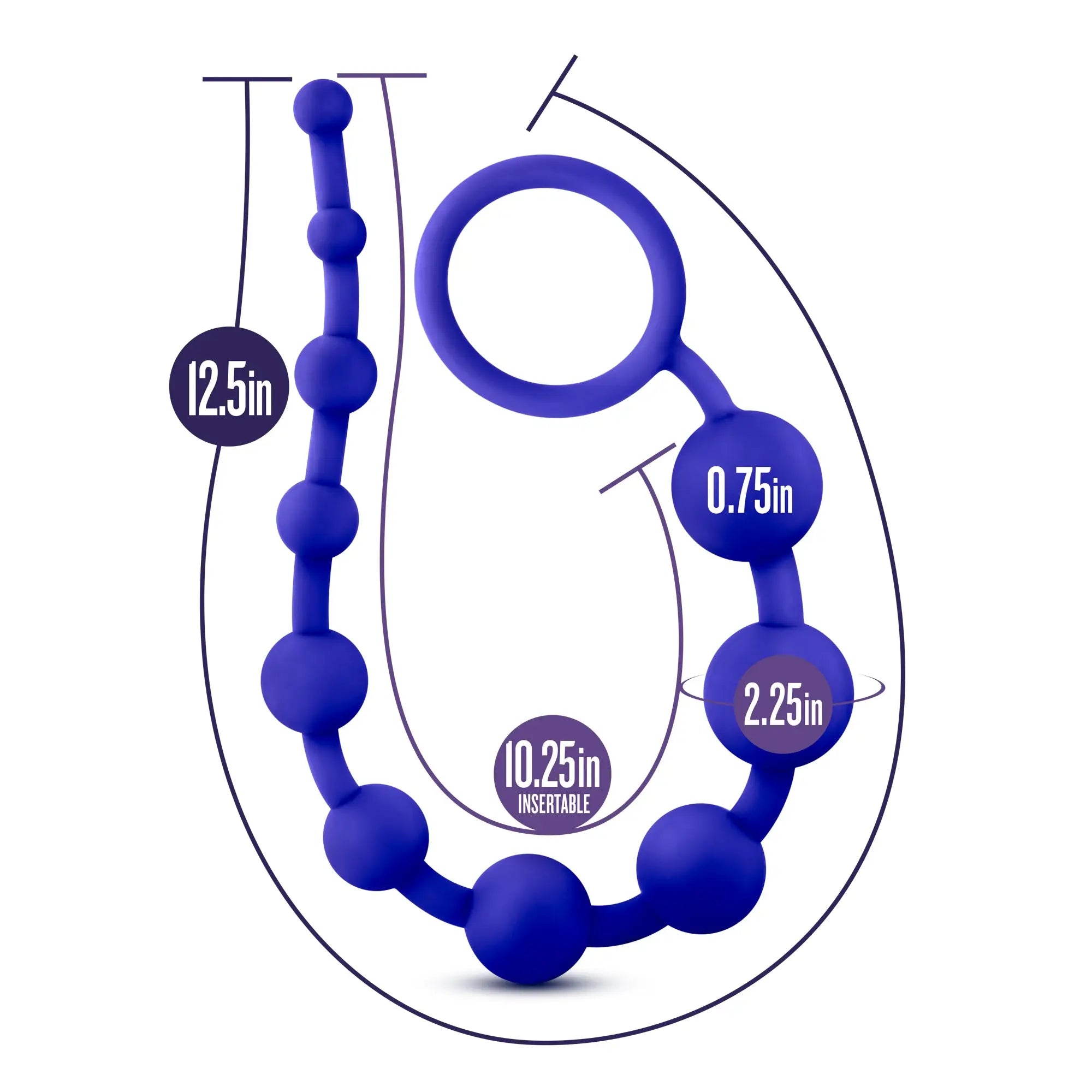Purple silicone anal plug with ring featuring 10 indigo spherical beads in varying sizes for luxe pleasure