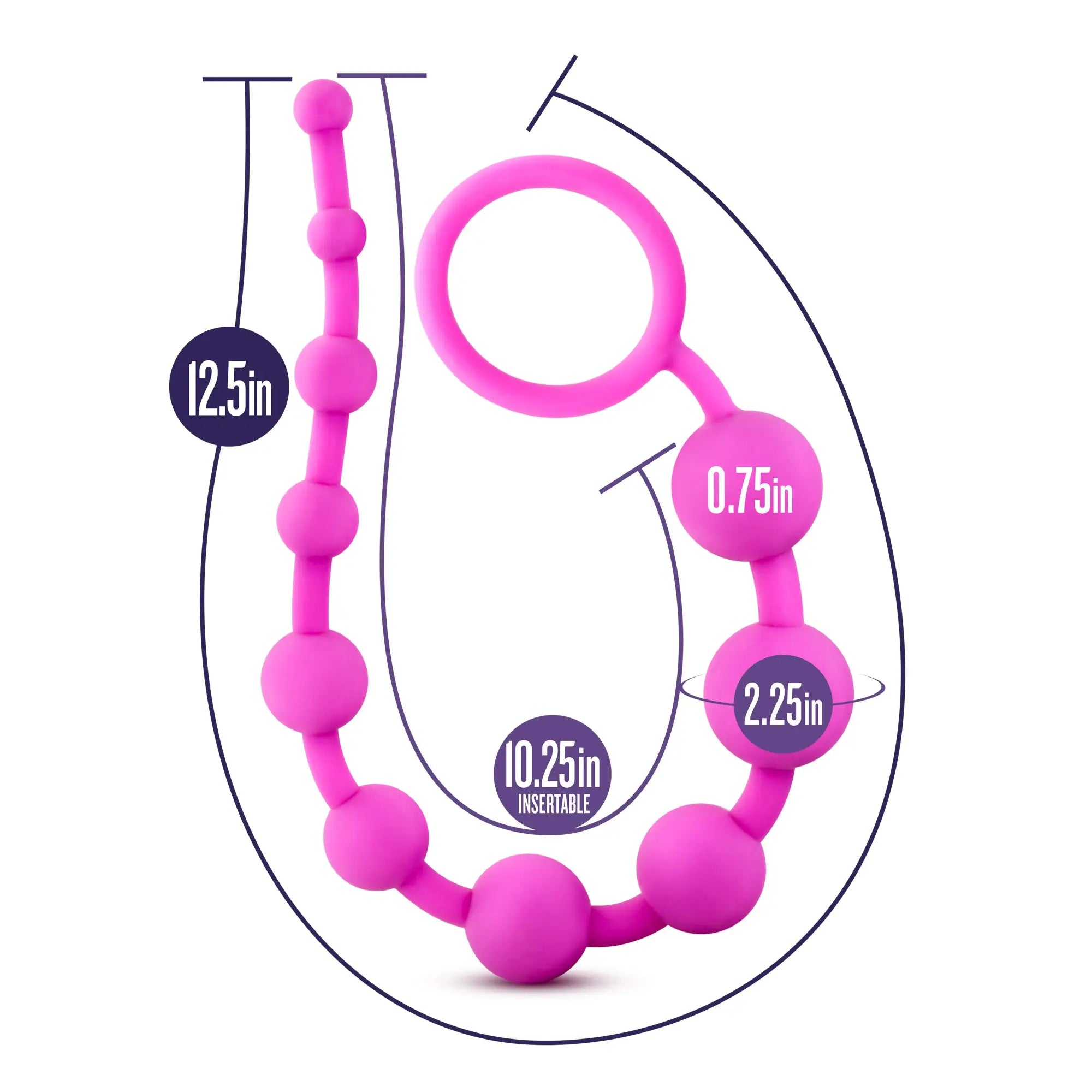 Pink silicone anal plug with ring and ten spherical beads of varying sizes from luxe silicone collection