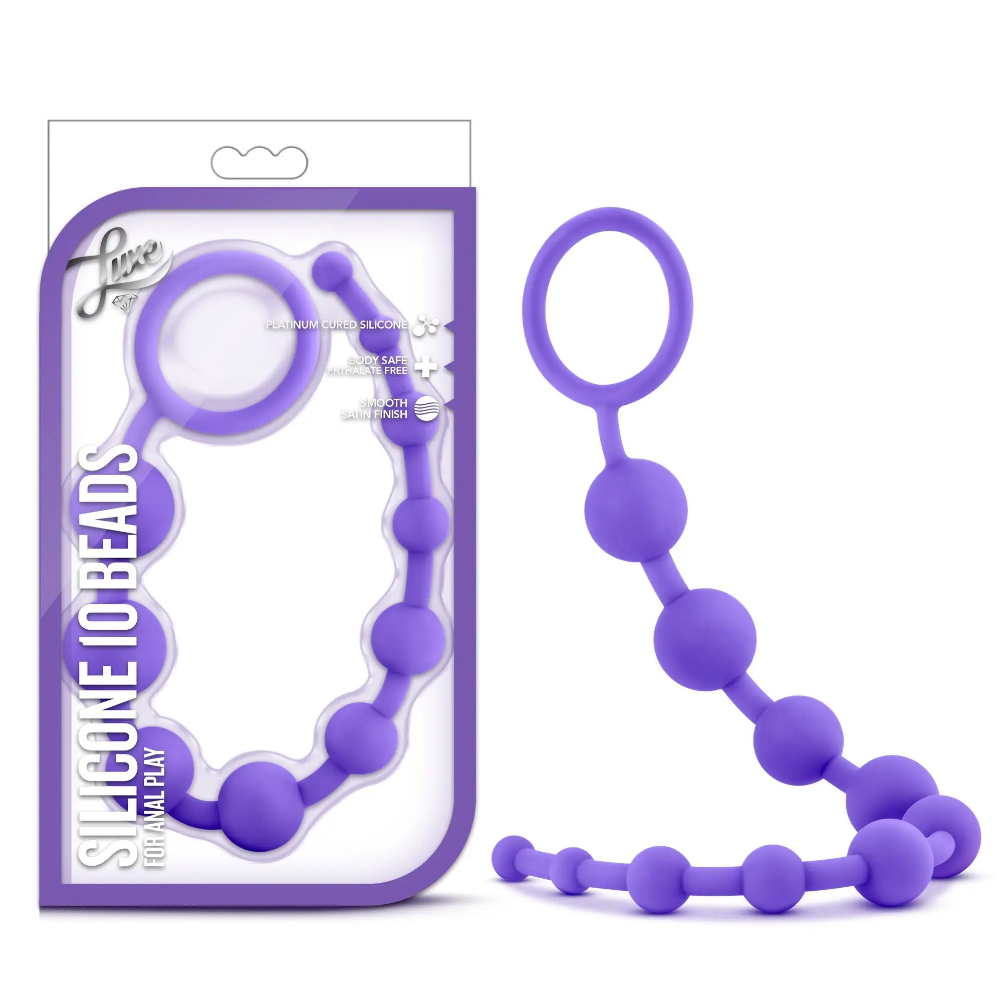 Luxe Luxe silicone 10 beads anal toy in purple with smooth rounded beads and a ring handle for easy use