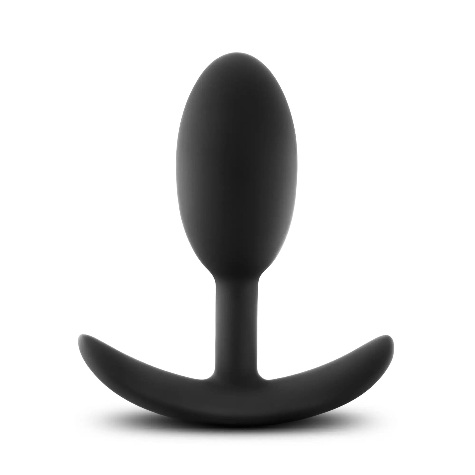 Black silicone luxe luxe wearable vibra slim plug medium with curved ergonomic base shown from the back side