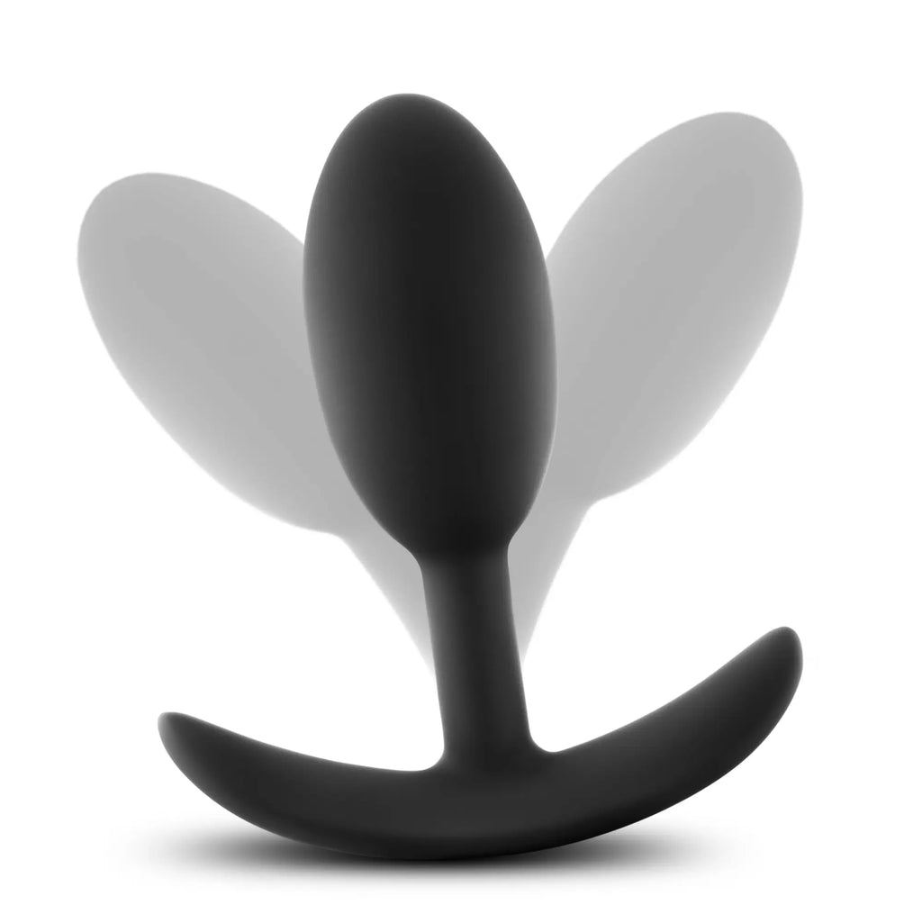 Black silicone anal plug with curved base and smooth rounded head from luxe luxe wearable vibra slim plug medium black